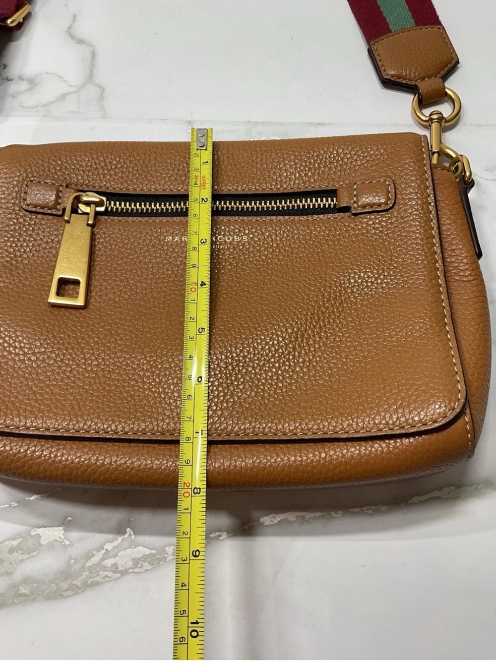 Marc Jacobs Tan Pebbled Leather Crossbody with Red and Green Striped Strap - Picture 9 of 12